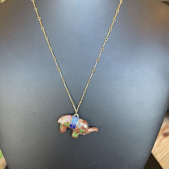 Vintage Cloisenne Elephant Pendant Trunk Up Gold Tone Chain Necklace 16” Length - Picture 4 of 7